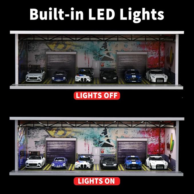 1/64 Scale Hot die-cast Wheels Model car scenarios Display case with LED Light and Acrylic Cover, Scenes Parking lot Diorama Storage Garage Box with 6 Parking Spaces (JDM)