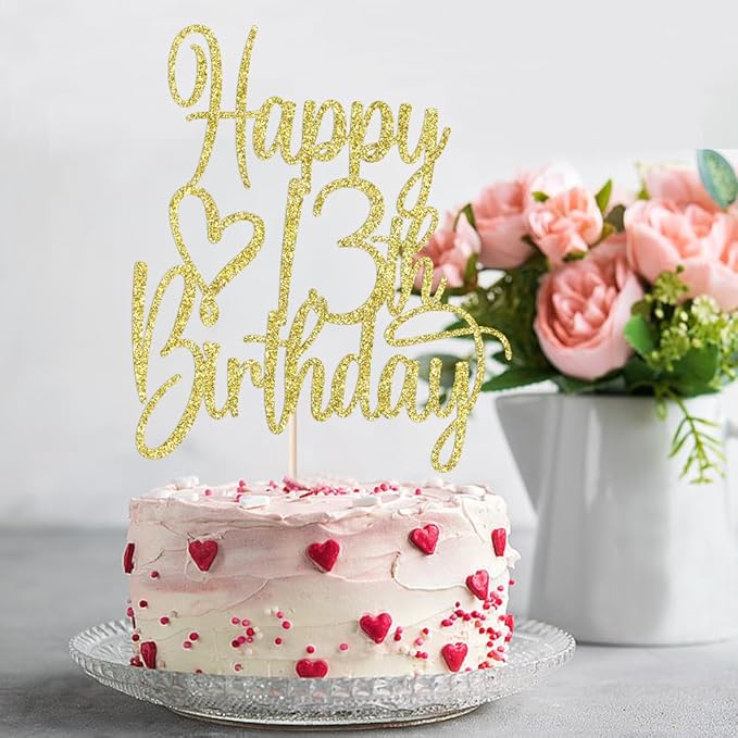 Gold Glitter Happy 13th Birthday Cake Topper - Cheers to 13 Years Cake Topper, 13 & Fabulous Cake Decoration for Hello 13th Birthday Anniversary Party Cake Decorations Supplies