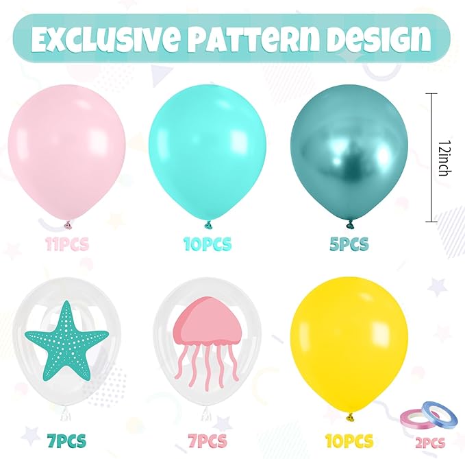 Blue and Yellow Balloons, 50Pcs 12 Inch Macaron Pink Blue Teal Yellow Metallic Green Clear Balloons for Boys Girls Ocean Birthday Beach Party Decorations Sea Baby Shower Supplies