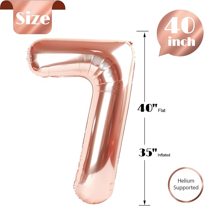 Rose Gold 7 Balloon, Number Balloons 40 Inch, 7th Birthday Decorations for Girls Boys Kids, Party Decoration for Women Men, Number 7 Balloon
