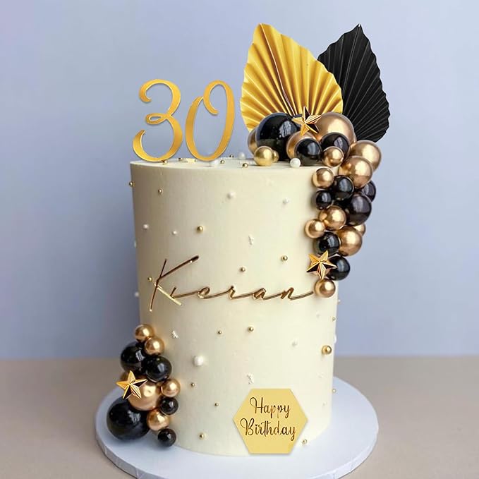 44Pcs Balls Cake Topper Man Cake Decorations with Black Gold Balls Palm Leaves Acrylic Numbers 0-9 and Happy Birthday Cake Toppers for Men Boy Black Theme Birthday Baby Shower Wedding Party Supplies