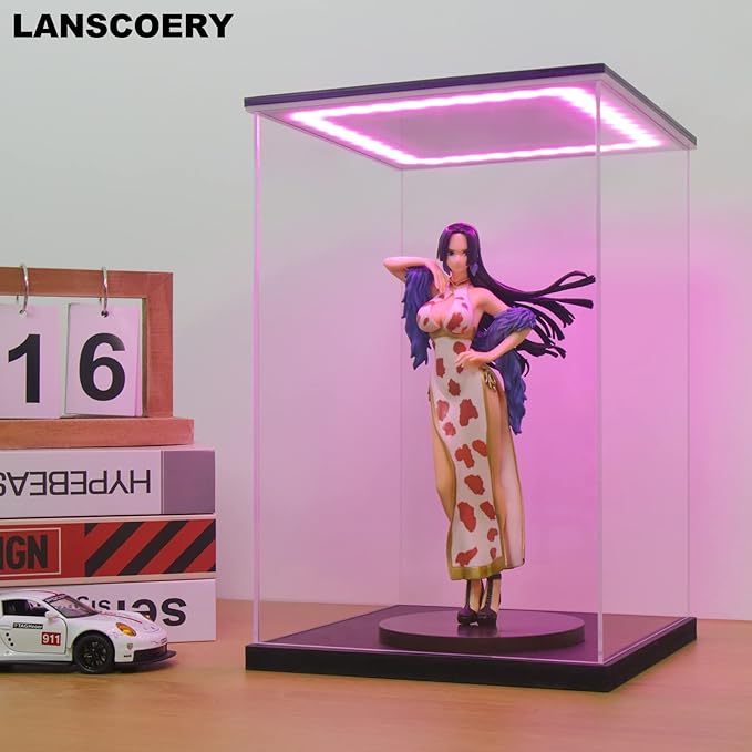 LANSCOERY RGB Lighted Acrylic Display Case, Dustproof Showcase Box with UV Protection for Figures, Collectibles, Toys - 9.8x9.8x13.8inch