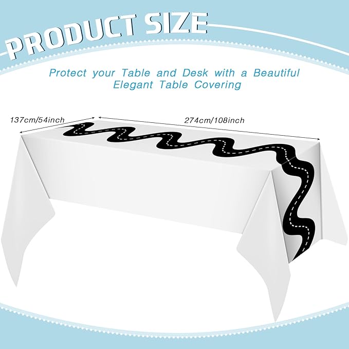 Irenare 6 Pcs Racing Table Cloths Car Birthday Party Supplies 54 x 108 Inch Racetrack Table Runner Covers Disposable Rectangular Road Tablecloth for Kids Boy Car Theme Birthday Party Decor (White)
