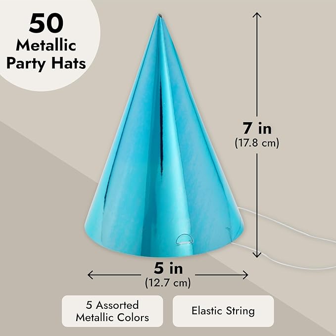 BLUE PANDA Party Hats - 50 Pack, Metallic Blue/Green/Gold/Silver/Hot Pink, Cone - Bulk Set for Kids & Adults