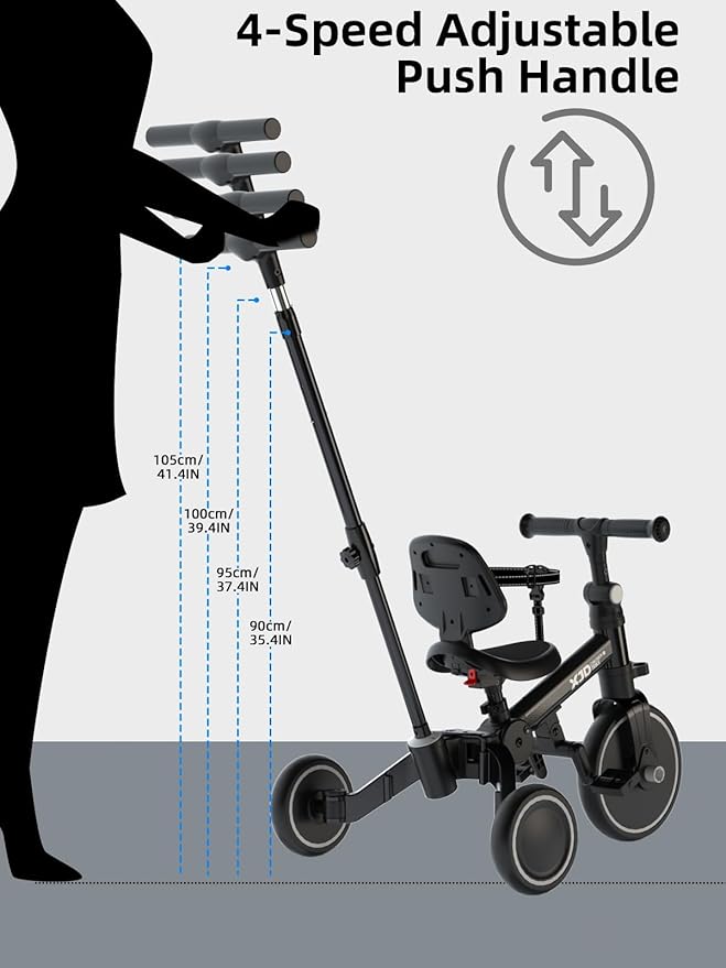 XJD Toddler Bike, 6 in 1 Folding Toddler Tricycle for 1-4 Year Old with Parental Control Handle, Balance Bike with Removable Pedal, Backrest, Adjustable Seat Height, First Birthday Gifts (Black)