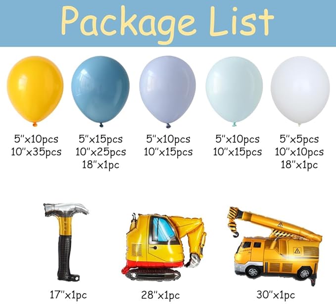 Construction Balloons Garland Arch Kit 155Pcs Yellow and Blue Balloons with Crane Excavator Hammer Foil Balloon for Birthday Baby Shower Trucker Appreciation Day Construction Party Decorations
