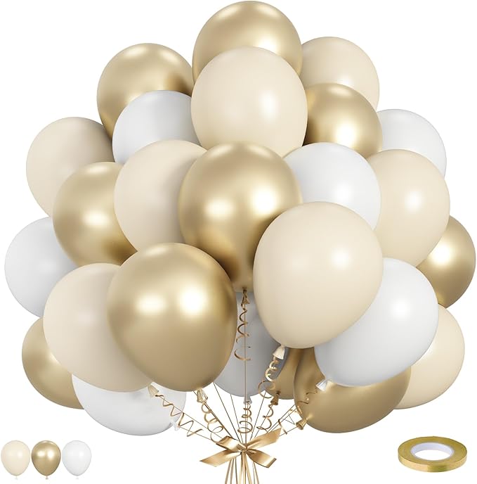 White Sand Gold Balloons, 60 Packs 12 Inch White Nude Balloons with Metallic Chrome Gold Beige Latex Balloons Party Decoration for Boho Birthday Wedding Bridal Baby Shower Engagement Anniversary