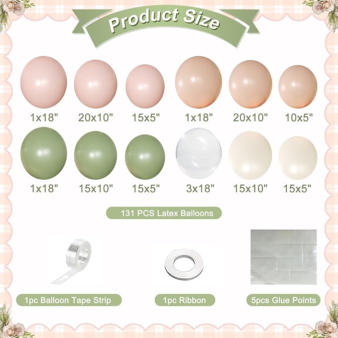 Pink and Sage Green Balloon Arch Kit 131 Pcs Dusty Pink Green Balloons Different Size for Wedding Birthday Baby Shower Gender Reveal Decorations