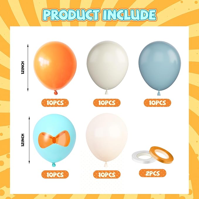 Orange And Blue Balloons, 50PC 12 Inch Dusty Blue Ivory White Macaron Orange Bow Print Balloons for Birthday Baby Shower Wedding Party Decorations