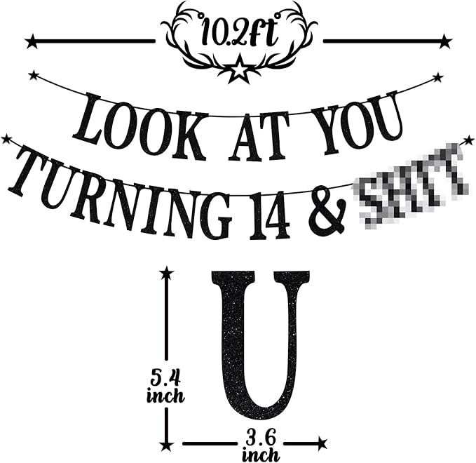 Black Glitter Look at You Turning 14 & Sh*t Banner, Happy 14th Birthday/Level 14 Unlocked/Cheers to 14 Years, Funny 14th Birthday Party Decorations Supplies