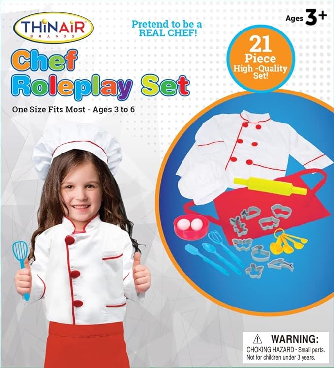 Chef Costume for Kids Ages 3-6 | 21-Piece Kids' Dress Up & Pretend Play Set Includes Jacket, Hat, Apron, Bowl, 2 Eggs, Utensils, Cookie Cutters