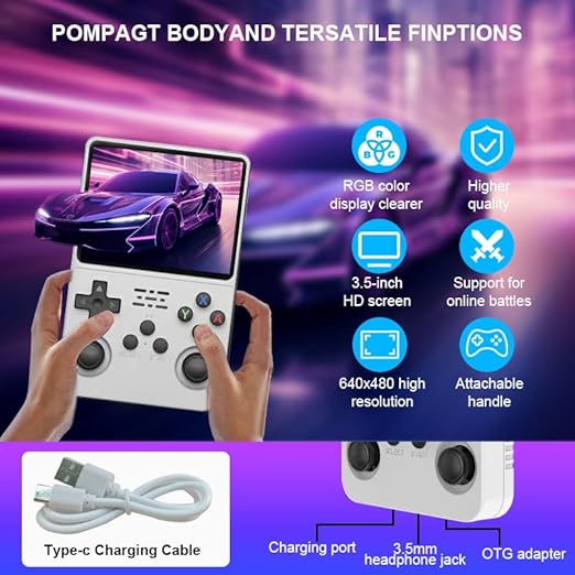 R36S Handheld Game Console, 3.5" IPS Screen Retro Game Emulator with Open Source System, Portable Video Gaming Player with Built in 3000+ Games, 64GB TF Card, Gift for Adults Teens Kids, white
