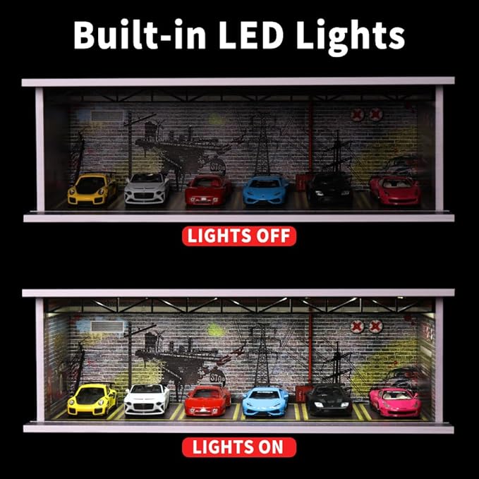 1/64 Hot diecast Wheels Cars Display case - 1/64 Scale Model Cars scenarios Display Box with LED Light and Acrylic Cover, Scenes Parking lot Diorama Storage Garage 6 Parking Spaces (Industry)