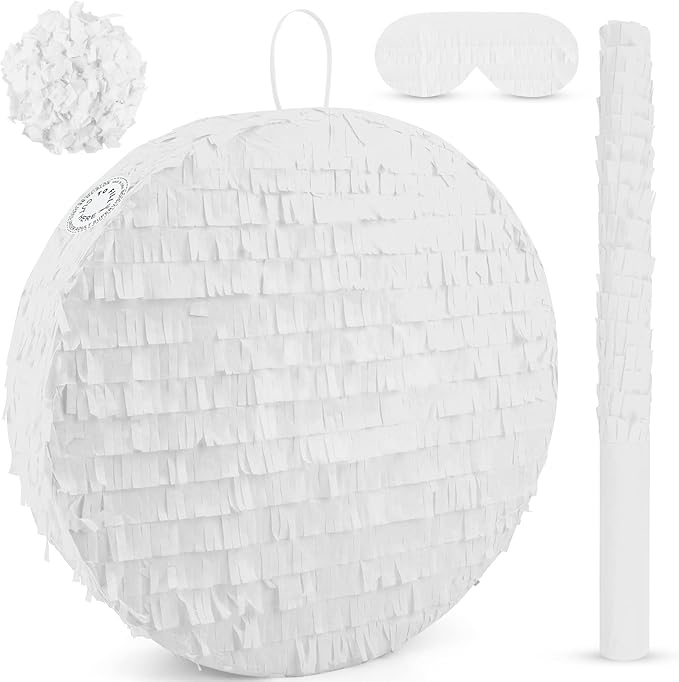 White Round Pinata with Stick Blindfold and Confetti DIY Blank Pinata for Adults Kids Birthday Party Supplies Carnivals Thanksgiving Decorations