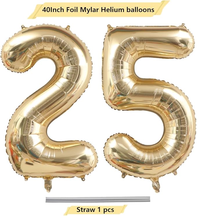 40 Inch Light Gold 25 Number Balloons White Gold Giant 25 Foil Mylar Helium Large Digital Balloon Champagne Gold Birthday Numbers Jumbo Balloons 25th or 52nd Anniversary Party Decorations Supplies