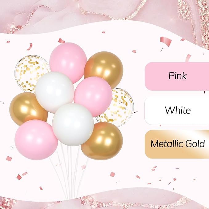 60pcs Pink and Gold Balloons 12inch, Pink and White Balloon with Metallic Gold Confetti Balloons for Baby Shower Wedding Birthday Party Decorations