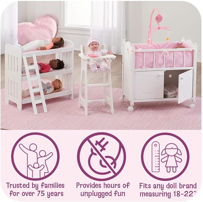 Badger Basket Doll Bunk Bed with Bedding, Ladder, and Free Personalized Kit - Fits Dolls Up to 22 Inches - Ideal for Girl Dolls and Baby Dolls for Pretend Play - White/Pink
