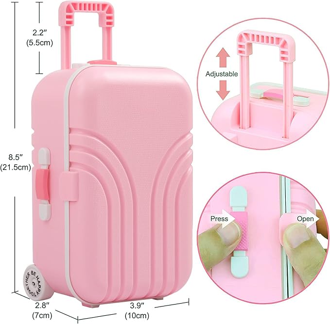 18 Inch Doll Suitcase Travel Luggage Play Accessories, Doll Clothes Accessories Carrier Storage Set, Case, Hat, Sunglasses, Camera, Pillow, Toy Pet