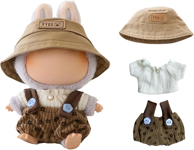 Clothes for Lu bubu 17cm Dolls Accessories(No Doll), Cute Outfit Set 3 Pieces Bib Pants Suitable for 17cm Doll Suit, Stylish Dress Up Overalls Doll Clothing Set Replacement with Hat Clothes Brown