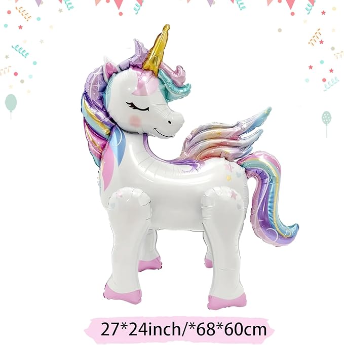 16 Pcs Unicorn Balloons Kit for Birthday Party Decorations - 2 Self Standing 3D Foil Unicorns, 4 Stars & 10 Printed Latex with Tying Tool (No Helium Needed)