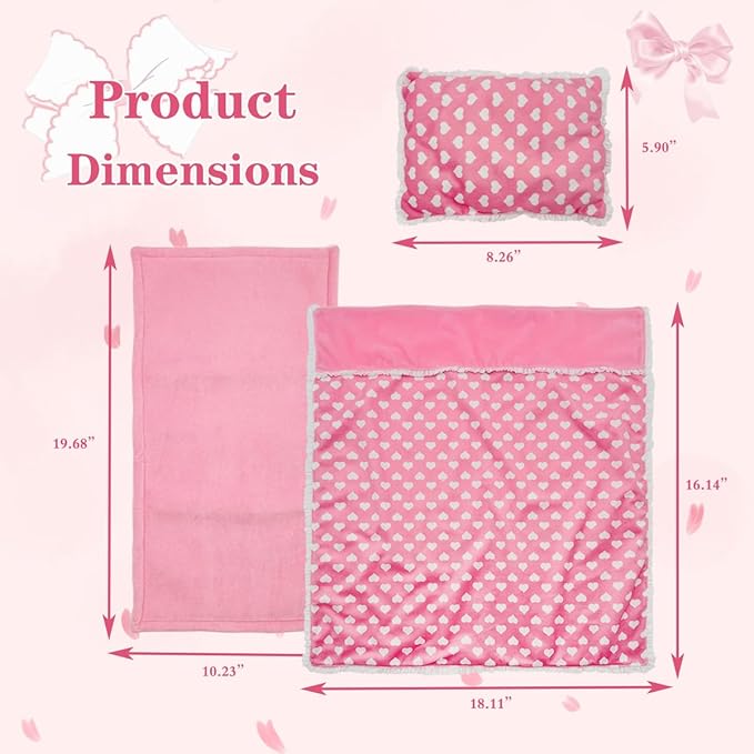 Baby Doll Accessories Dollhouse Bedding Set - Doll Blanket, Pillow & Mattress Playset for 18" Dolls,Gifts for Boys Girls Ages 3 4 5 Year Old (Pink Heart)