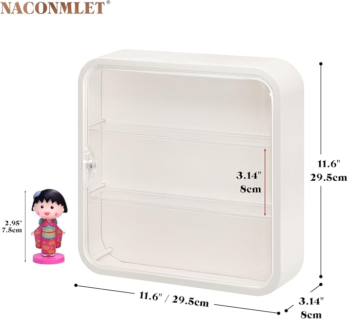 Acrylic Clear Display Case with LED Light, 3-Tier Wall Mounted Storage Box for Figures, Dustproof Magnetic Door Organizer for Pop Mart, Lego, Mini Toys, No-Drill Installation