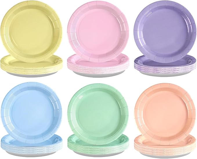 Grencian 60Pcs Pastel Rainbow Party Decorations 9" Pastel Rainbow Plates Disposable Solid Color Paper Dinnerware for Wedding Anniversary Birthday Bridal Baby Shower Summer Ice Cream Party Supplies