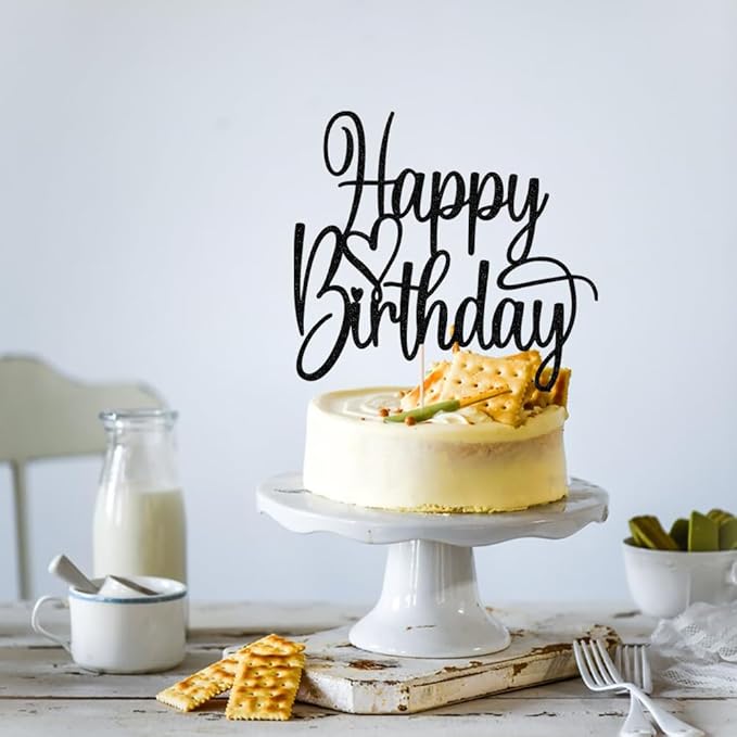 Handmade Glitter Happy Birthday Cake Topper- Happy Birthday Cake Decor,Fabulous Cake Decoration，Anniversary/Birthday Party Decoration Supplies(black)