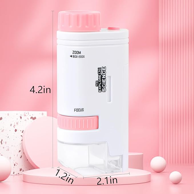 Microscope Pocket Handheld Miniscope 80X-200X Portable Microscope with LED Light for Learning Education Exploring (Pink)