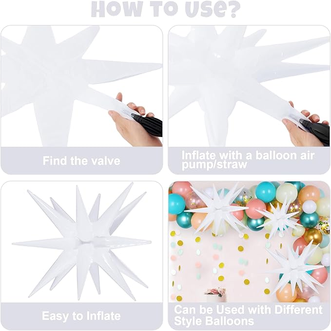 10 Pcs White Star Balloons Explosion Balloons Foil Cone Balloon Magic for Birthday Wedding Anniversary Party Backdrops Decorations Supplies, 6 Pcs 22Inches and 4 Pcs 27Inches