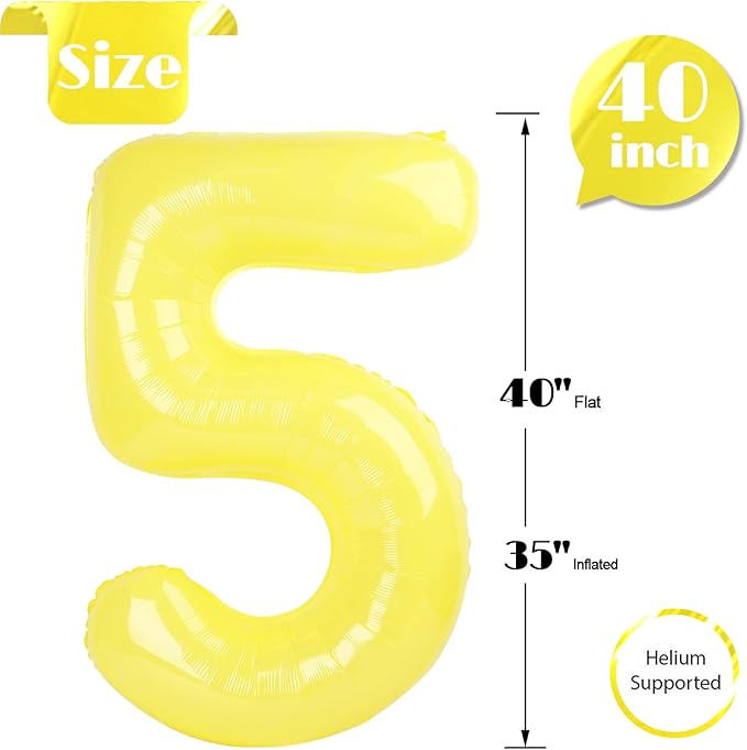 Yellow 5 Balloon, Number Balloons 40 Inch, 5th Birthday Balloon Decorations, Yellow Party Supplies, 5 Number Balloons
