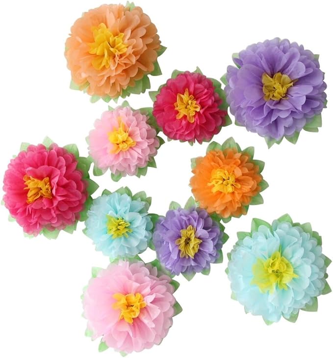 Mybbshower Colorful Fiesta Paper Flowers (9''-7'' Assorted) Set of 10 Outdoor Decoration Kids Birthday Carnival Rainbow Theme Party Backdrop Photo Booth Wall Decor