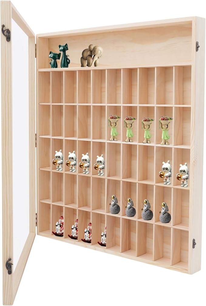 23x24 Wall Mount Wooden Display Shelves Rack for Action Figures - 50 Small Compartments, Acrylic Door, Pine Wood Shelf for Collectibles, Toys, Mini POPs - Dust-Proof Wall Storage & Home Decor
