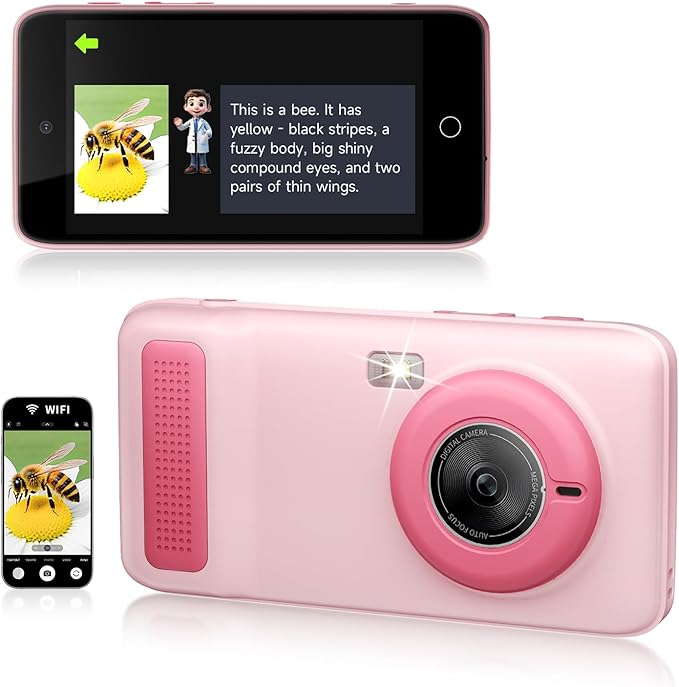Kids Smart AI Learning Camera, 4.0'' Educational AI Toy Camera with Photo Recognition Knowledge Encyclopedia for Toddler Boys and Girls 3+ Christmas Birthday School Gift (Pink)