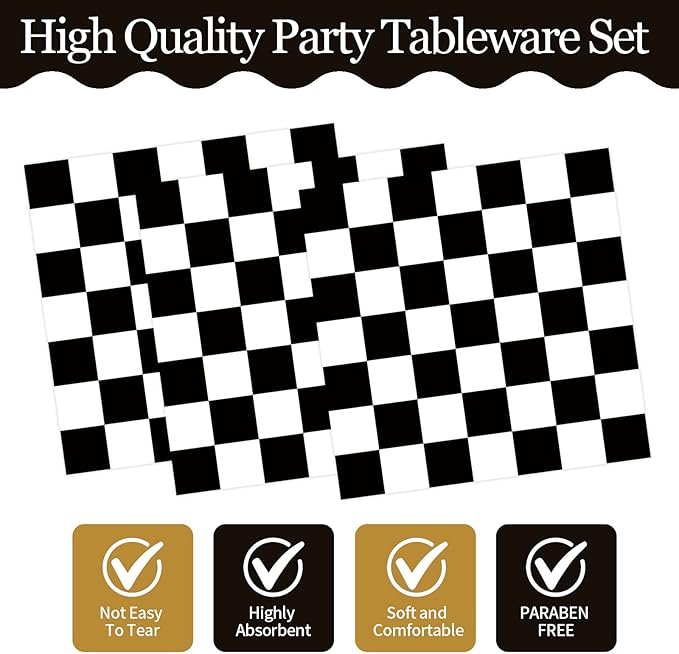 72Pcs Race Car Plates and Napkins, Black And White Checkered Flag Paper Plates and Napkins with Forks Disposable Tableware Set for Race Car Birthday Party Decorations