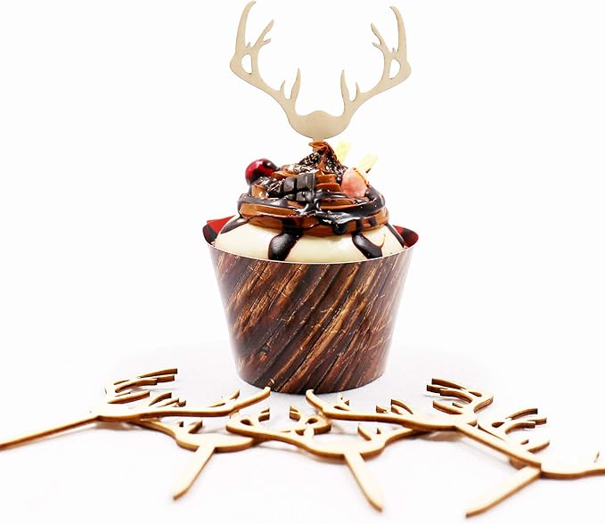 Huray Rayho Antler Cupcake Toppers Wooden Deer Cake Picks Decorations Baby Shower Wedding Hunting Boho Rustic Country Birthday Theme Party Supplies Qty 24