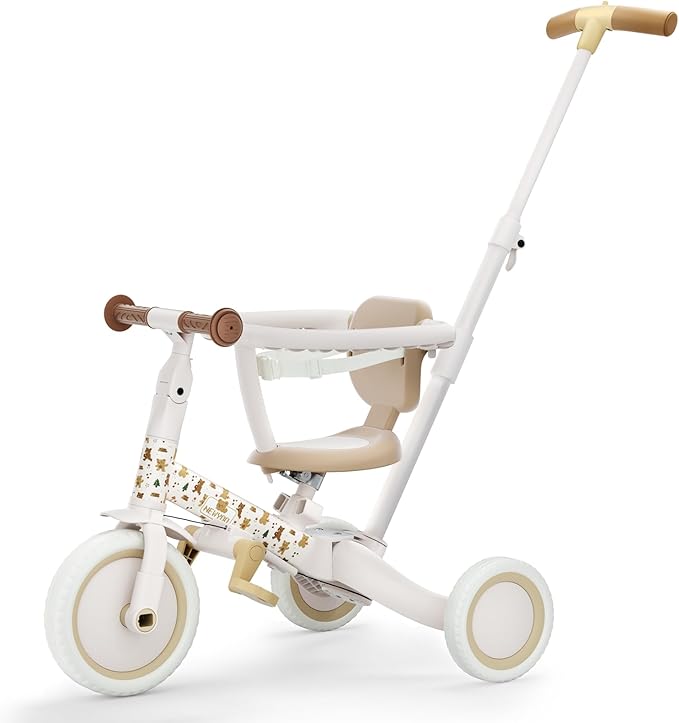 newyoo 5 in 1 Tricycles for 1-3 Year Olds, Baby Balance Bike, Christmas & Birthday Gift for Boy & Girl, Toddler Bike with Parent Push Handle, Safety Guard, Backrest & Safety Belt, Yellow, TR008