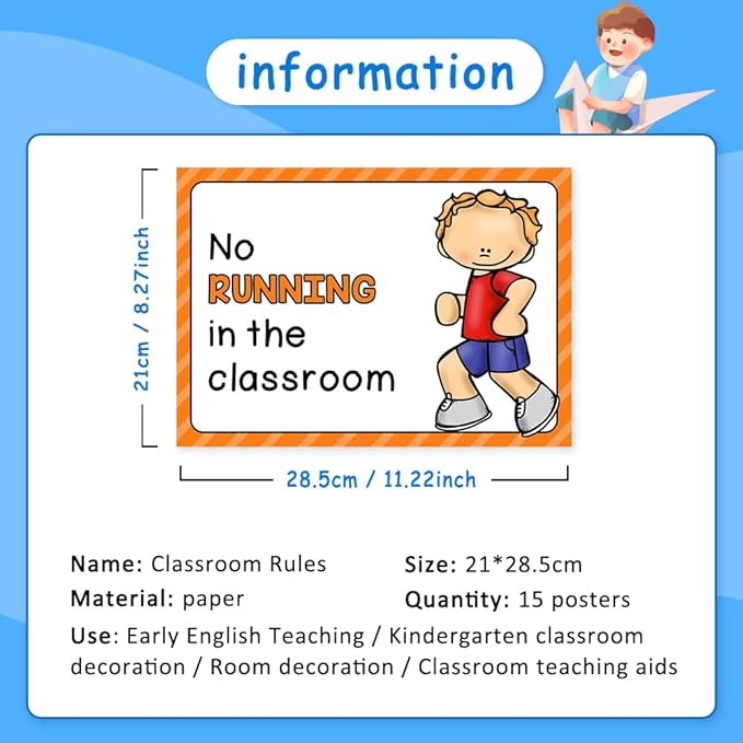 Lachilly 15 Sheets Classroom Rules Educational Poster for Preschool, Home, Middle and High School Classroom Wall Decoration, Language Arts Charts, Toddler Learning Toys, Bulletin Board Set