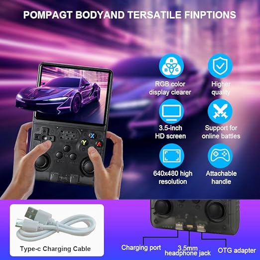 R36S Retro Handheld Game Console, 3.5" IPS Screen Portable Gaming Player, Open Source System, Built-in 64GB TF Card 3000+ Classic Games, 3500mAh Battery, Ideal Gift for Adults Teens Kids - Transparent Black