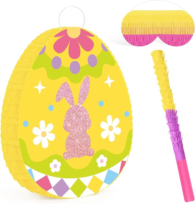 Hooqict Easter Egg Pinata Bunny Pinata with Blindfold and Bat Stick for Kids Spring Happy Easter Party Games Bunny Birthday Party Decorations Sunday Celebration Supplies