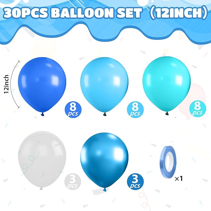Ocean Balloons, 12 Inch Dark Light Blue Teal Clear Pearl Transparent Metallic Latex Balloons for Boys Girls Ocean Themed Party Decorations Sea Theme Pool Party Baby Shower Beach Backdrop Supplies