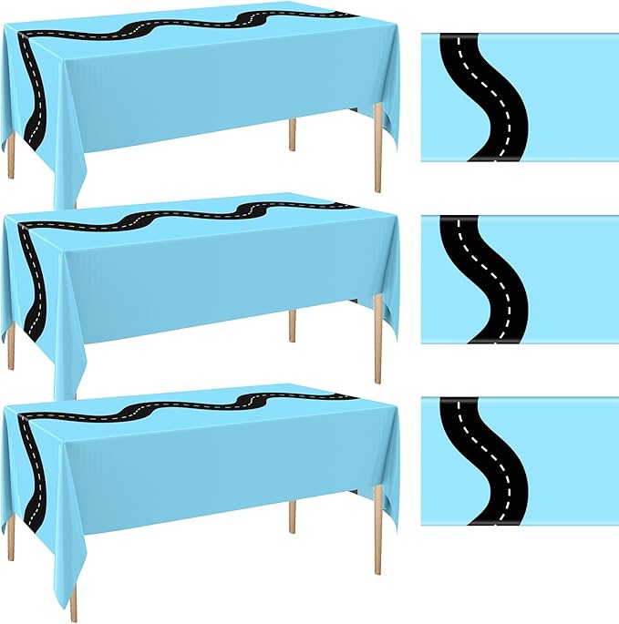 Irenare 3 Pcs Racing Table Cloths Car Birthday Party Supplies 54 x 108 Inch Racetrack Table Runner Covers Disposable Rectangular Road Tablecloth for Kids Boy Car Theme Party Decor (Light Blue)