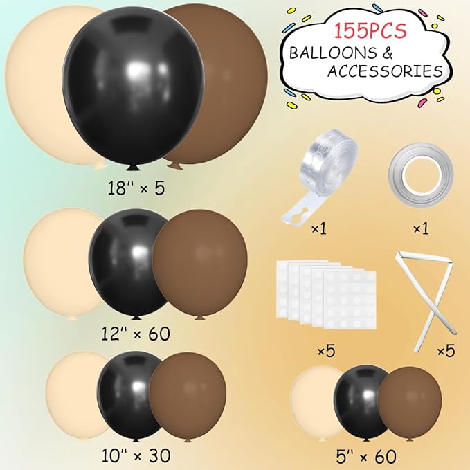 Black Brown Nude Balloon Garland Arch Kit, 155Pcs Latex Balloons Different Size 18 12 10 5 inch for Boy First Rodeo, Wild West Country Birthday, Farm Fiesta Party Decorations