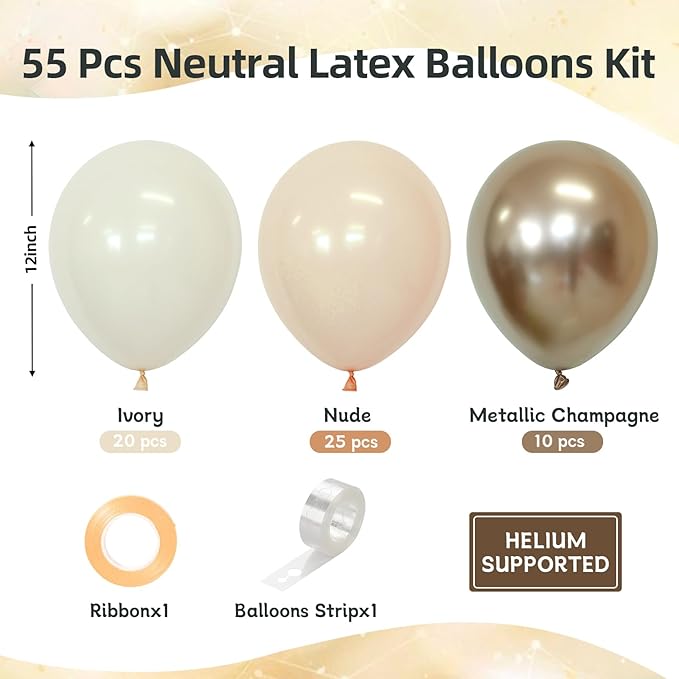Beige Champagne Gold Balloons 60 Pcs 12 Inch Cream Tan Nude Neutral Balloons for Birthday Baby Shower Bridal Shower Wedding Party Decoration