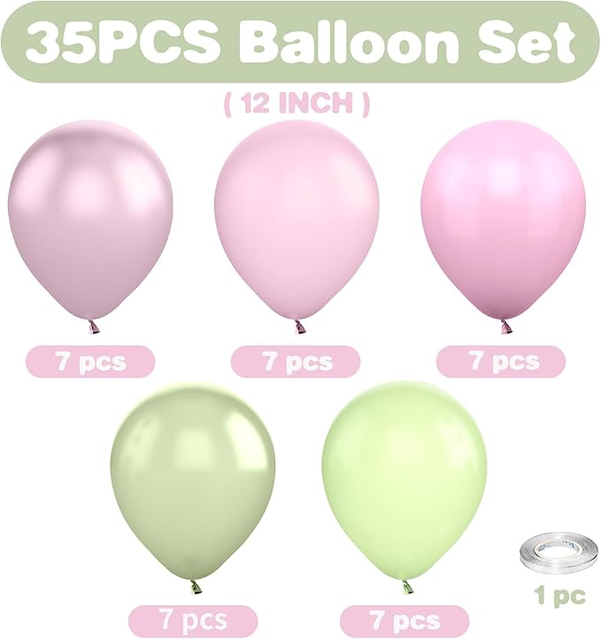Maca Pink Metallic Pearl Balloons - 12 Inch Sage Green Pink Latex Balloons for Girls Jungle Birthday Baby Shower Wedding Party Decoration