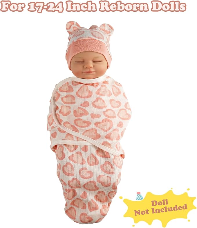 BABESIDE 4 Pcs Reborn Baby Doll Blanket with Doll Accessories Set for 17-24 Inch Babydolls, Heart Patterns Baby Doll Swaddle Blanket with Hat Gloves for Realistic Dolls Girl, Pink