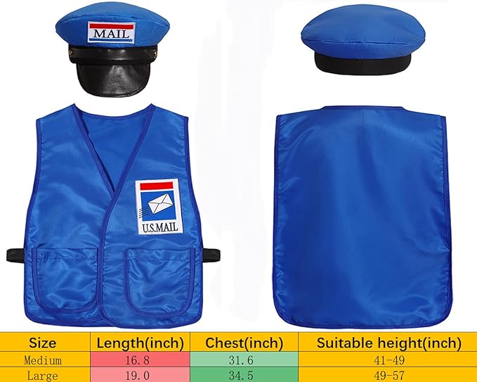 Mailman Costume Set Postal Costume for Kids Hallowen Dress up Party Pretend Play Outfit for Boys Girls