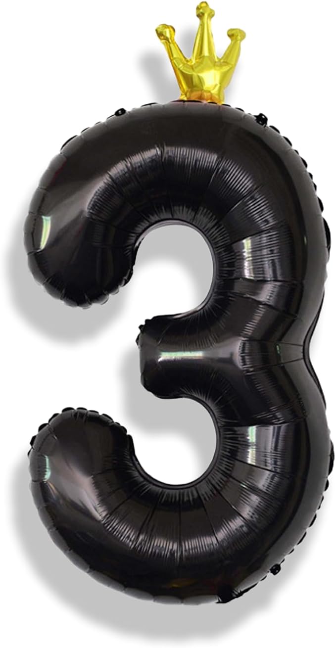 3rd Birthday Number Balloons for Girls, 40 Inch Black Foil Number Balloons, Large Crown Number Balloons 0-9 Set for Boys 30th Birthday Party Decor Anniversary Decoration Supplies