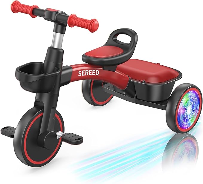 SEREED Colorful Lighting Toddler Tricycle for 2-5 Years Old Boys Girls, Adjustable Seat&Handlebar Trike, Removable Basket, Birthday Gift Idea for Kids Ages 2+ (Red Black)