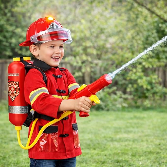 12 Piece Kids Fireman Costume Gear Firefighter Chief Dress Up Clothes for Role Play Toy Set with Backpack Water Gun, Fire Extinguisher and Accessories